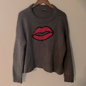 Wooden Ships mohair blend gray crewneck sweater with red lips graphic